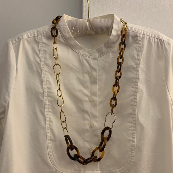 Gold Tone Faux Tortoise Shell Link Chain Long Statement Necklace - Picture 2 of 5